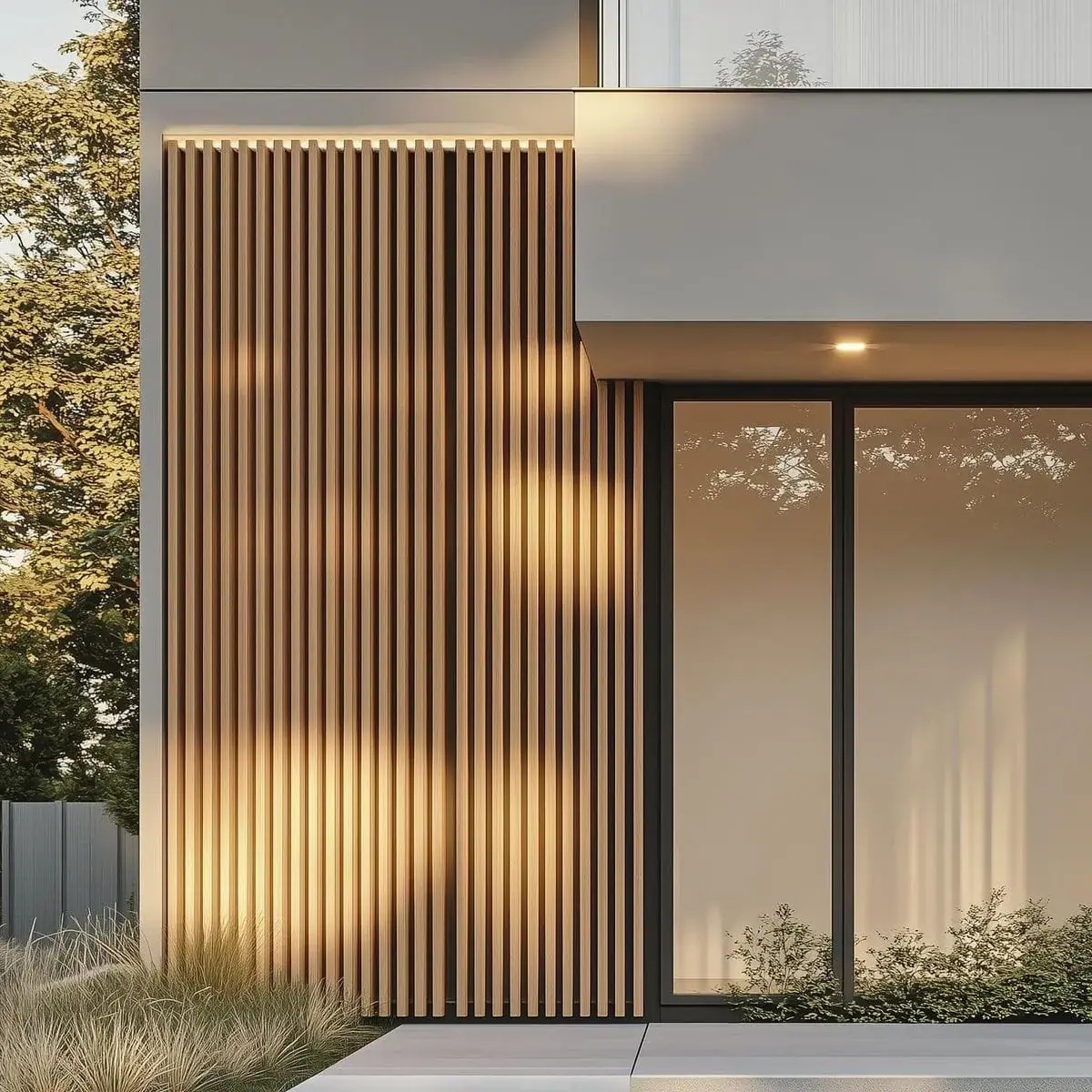 Wood-look slat wall cladding on a facade